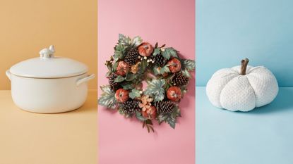 A three-panel image of HomeGoods fall decor: A mushroom pot; a fall wreath; and a knit white pumpkin