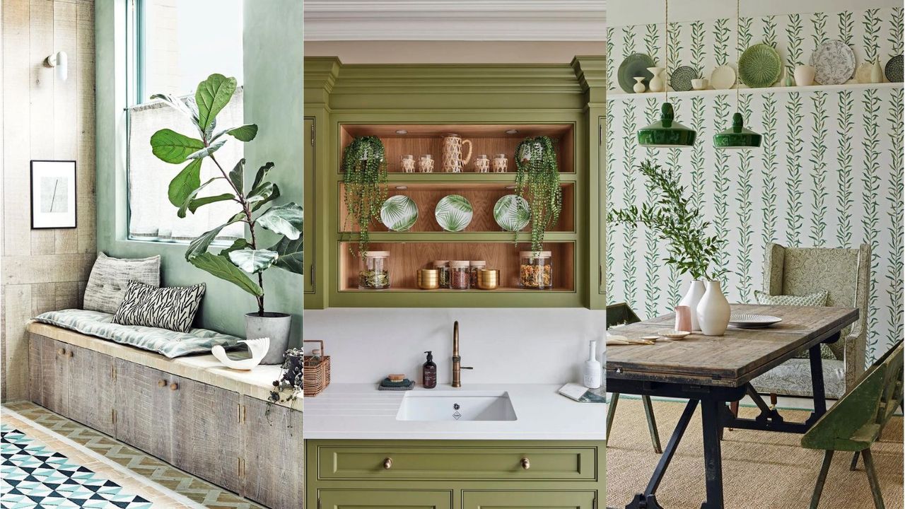 Three images of green themed rooms 