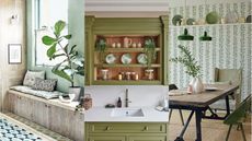 Three images of green themed rooms 