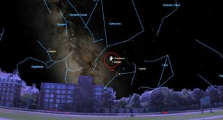 In the southern sky on the evening of Friday, August 9, the waxing gibbous moon will land just to the upper left (celestial northeast) of the bright planet Jupiter. Both objects will fit within the field of view of binoculars (red circle). If you watch the pair over several hours, starting at dusk, you will see the moon's orbit carry it farther from the planet.