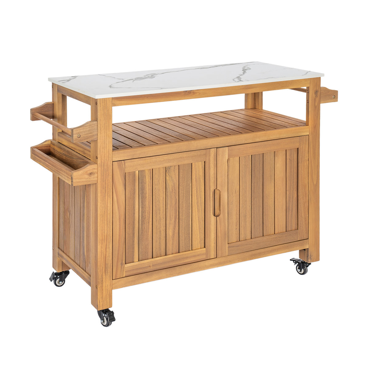 Ebern Designs Martel Modern Farmhouse Acacia Wood Outdoor Bar Cart With Marble-Effect Top &amp;amp; Storage Cabinet | Wayfair