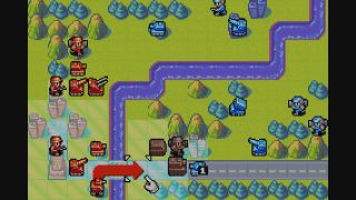 Advance Wars screenshot showing tiny red tanks moving across a river towards enemy blue tanks