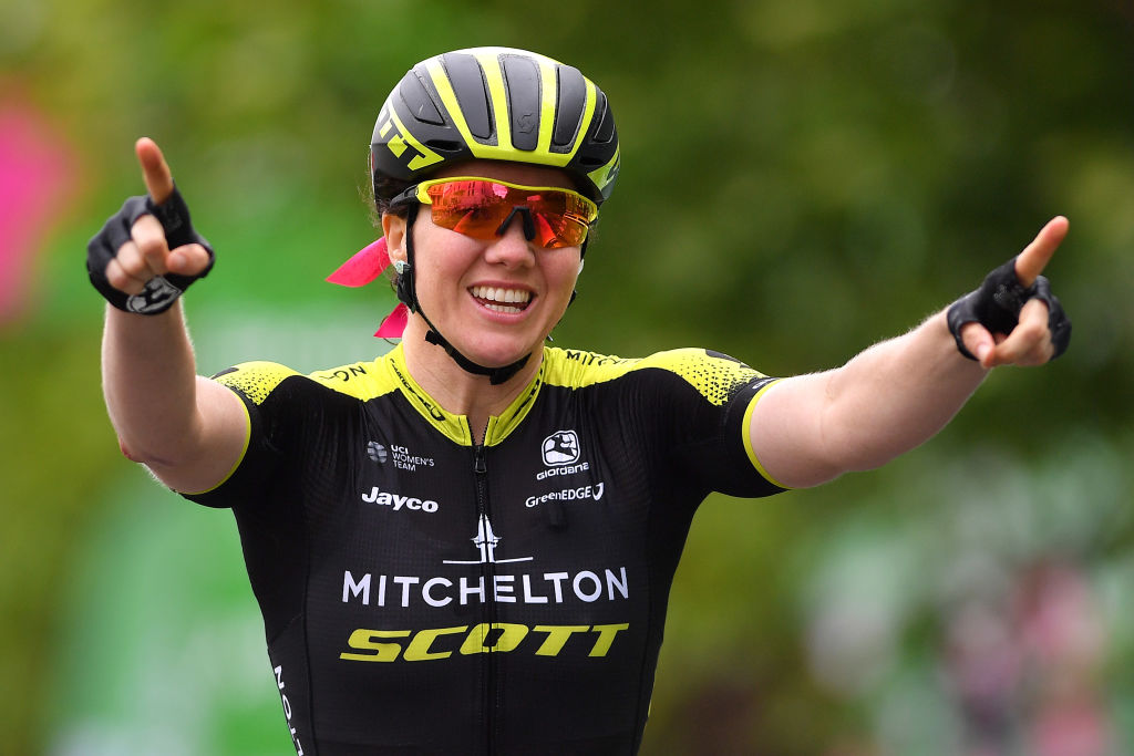 LEAMINGTON SPA, ENGLAND - JUNE 15: Arrival / Sarah Roy of Australia and Team Mitchelton-Scott / Celebration / during the 5th OVO Energy Women&#039;s Tour 2018, Stage 3 a 151km stage from Atherstone to Royal Leamington Spa on June 15, 2018 in Leamington Spa, England. (Photo by Justin Setterfield/Getty Images)