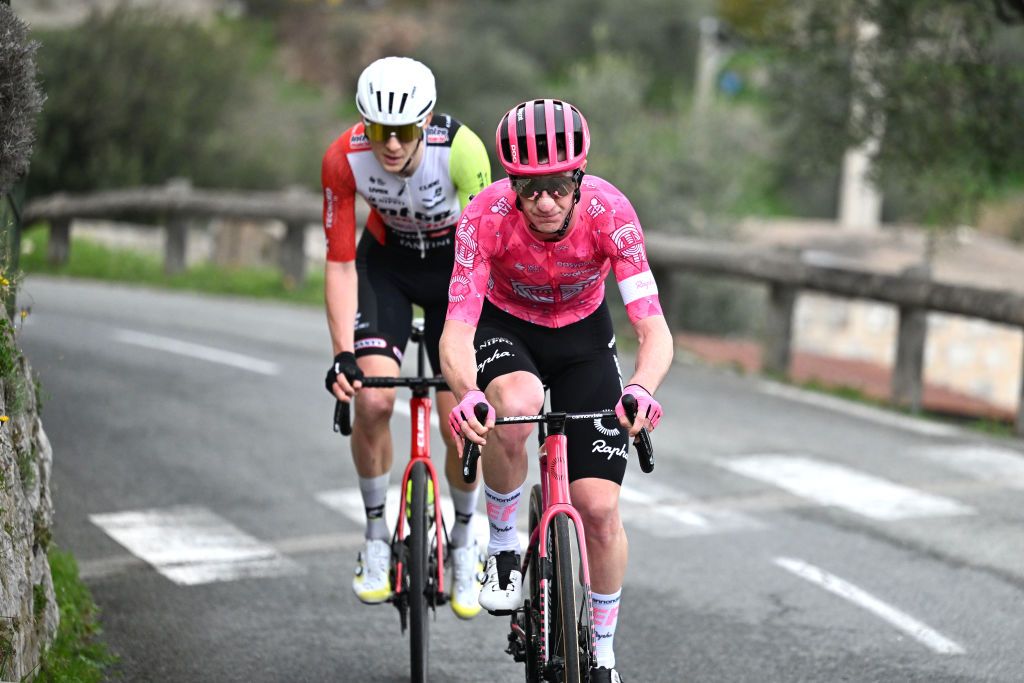 VENCE FRANCE FEBRUARY 23 LR Louis Barre of France and Team Intermarche Wanty and Harry Sweeny of Australia and Team EF Education EasyPost compete in the breakaway during the 57th Tour des Alpes Maritimes et du Var 2025 Stage 2 a 1318km stage from VillefranchesurMer to Vence 327m on February 23 2025 in Vence France Photo by Billy CeustersGetty Images