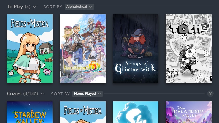 Steam library with a custom "to play" shelf showing Fields of Mistria, Rune Factory 5 Special, Songs of Glimmerwick, and Toem 2