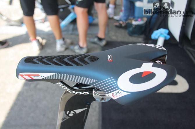 Irizar&rsquo;s new Prologo TT Zero saddle uses gripping material to keep the rider planted when riding on the nose