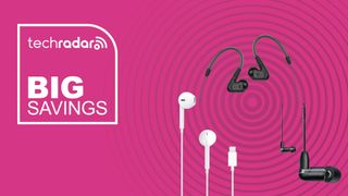 Apple EarPods USB-C, Sennheiser IE 200 and Shure AONIC 3 on magenta background with the words 'TechRadar: Big Savings' positioned on the left side of the image