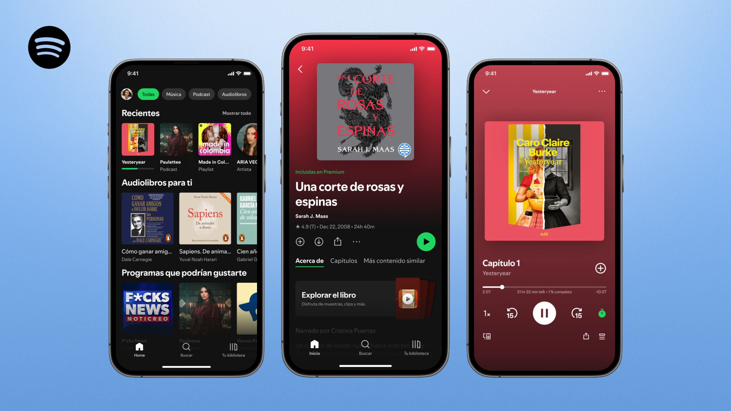 Three smartphones showing Spotify's audiobooks interface