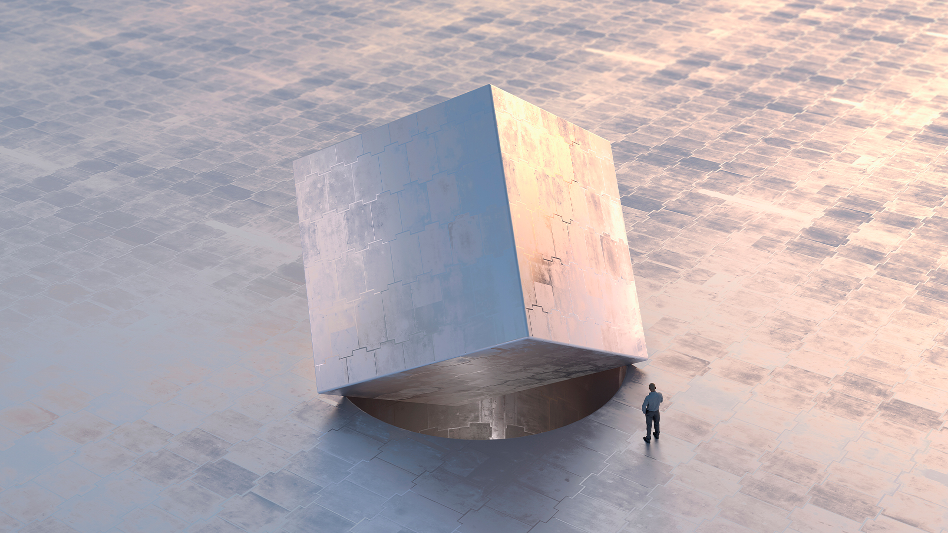 Business strategy concept image showing a man standing next to a giant round-shaped hole, with a giant cube-shaped block placed on top.