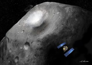 An artist's illustration of Japan's Hayabusa2 probe crashing an impactor into the asteroid 1999 JU3 ahead of sampling the space rock in 2018.