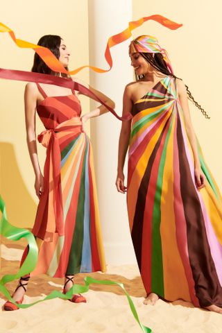 models wear colorful striped dresses by La DoubleJ