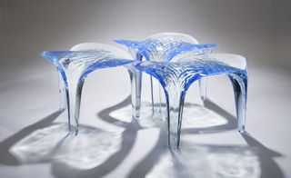 Hadid has also used coloured acrylic to produce blue versions of the stools, an effect which highlights the careful detail of the design