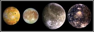 The four Galilean moons, in order of increasing distance from Jupiter: Io, Europa, Ganymede and Callisto.