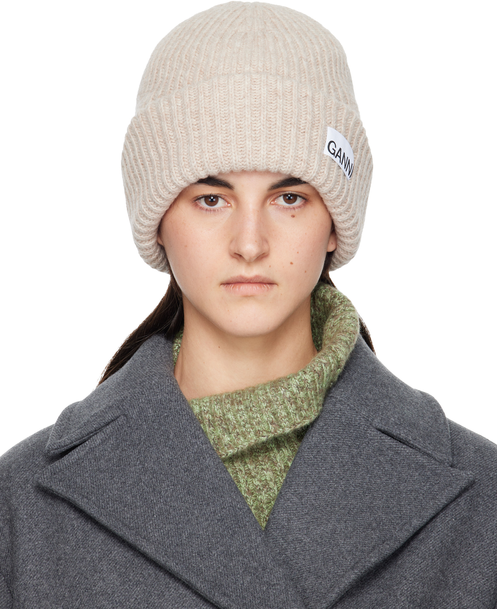 Ganni, Beige Oversized Wool Rib Knit Beanie