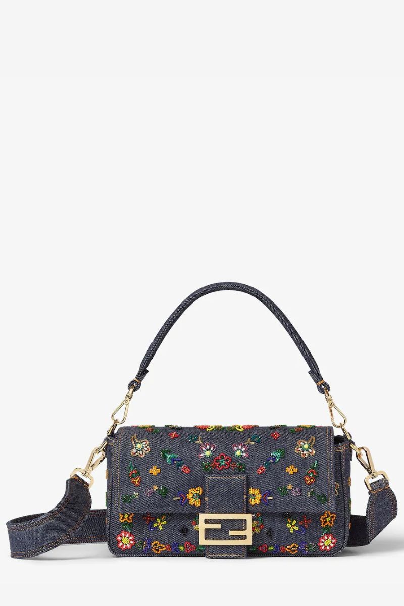 Dark blue denim bag with floral embroidery