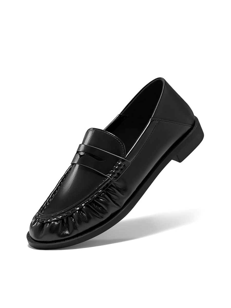 Coutgo, Coutgo Penny Loafers for Women Comfortable Slip on Shoes Collapsible Heel Closed Toe Dressy Casual Work Flats, Black, Size 7