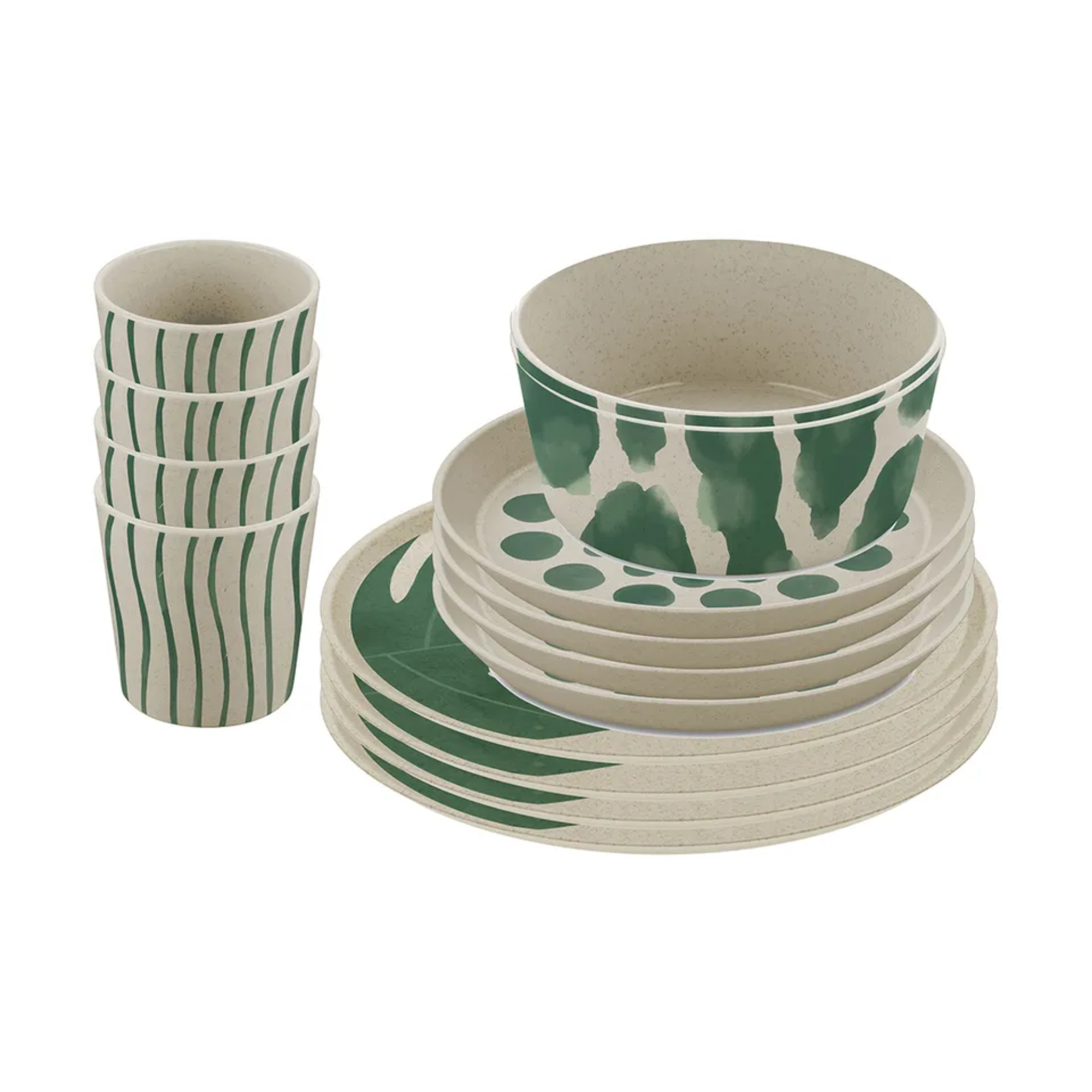 a set of four dinner plates, four salad plates, two bowls, and four cups in an off-white and green pattern