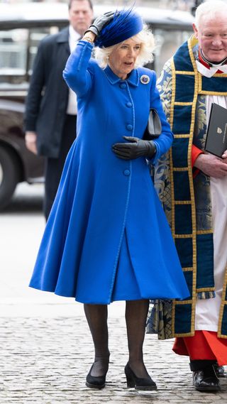 Camilla, Queen Consort attends the 2023 Commonwealth Day Service at Westminster Abbey on March 13, 2023 in London, England.