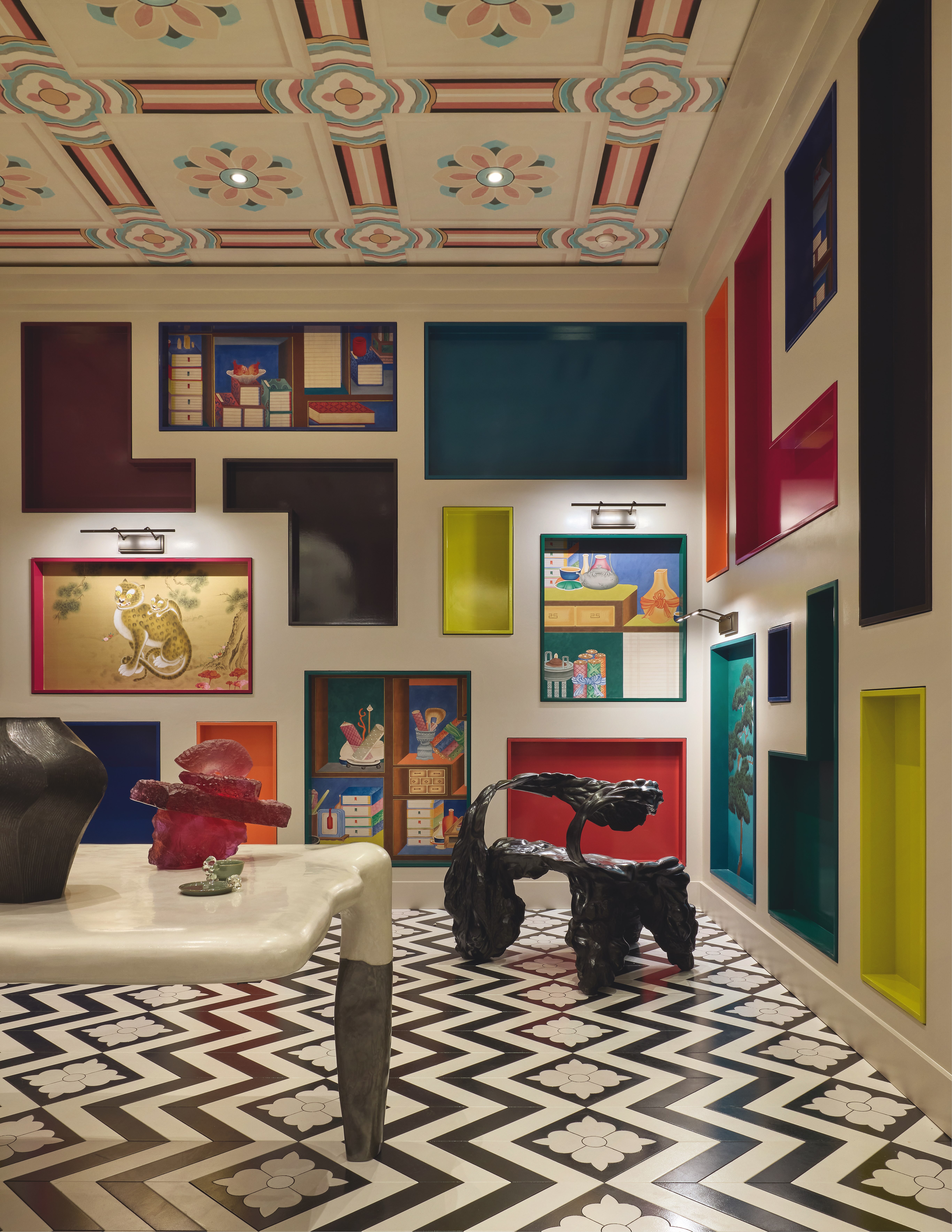 A very colourful salon featuring works of modern art