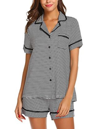 Ekouaer Women's Pajamas Sleepwear Shirt and Short Button-Down Pj Set Two Piece Sets Black Stripes Medium