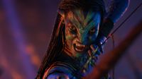 A character from Avatar Fire and Ash hisses while baring her teeth and is about to shoot an arrow.