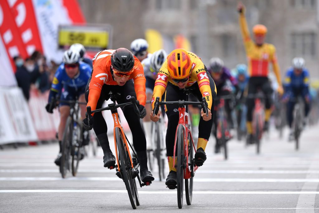 KONYA TURKEY APRIL 11 Arrival Sprint Arvid De Kleijn of Netherlands and Team Rally Cycling Kristoffer Halvorsen of Norway and UNO X Pro Cycling Team during the 56th Presidential Cycling Tour Of Turkey 2021 Stage 1 a 724km stage from Konya to Konya 1030m Route modified due to snow on the original itinerary TUR2021 tourofturkeyTUR on April 11 2021 in Konya Turkey Photo by Stuart FranklinGetty Images