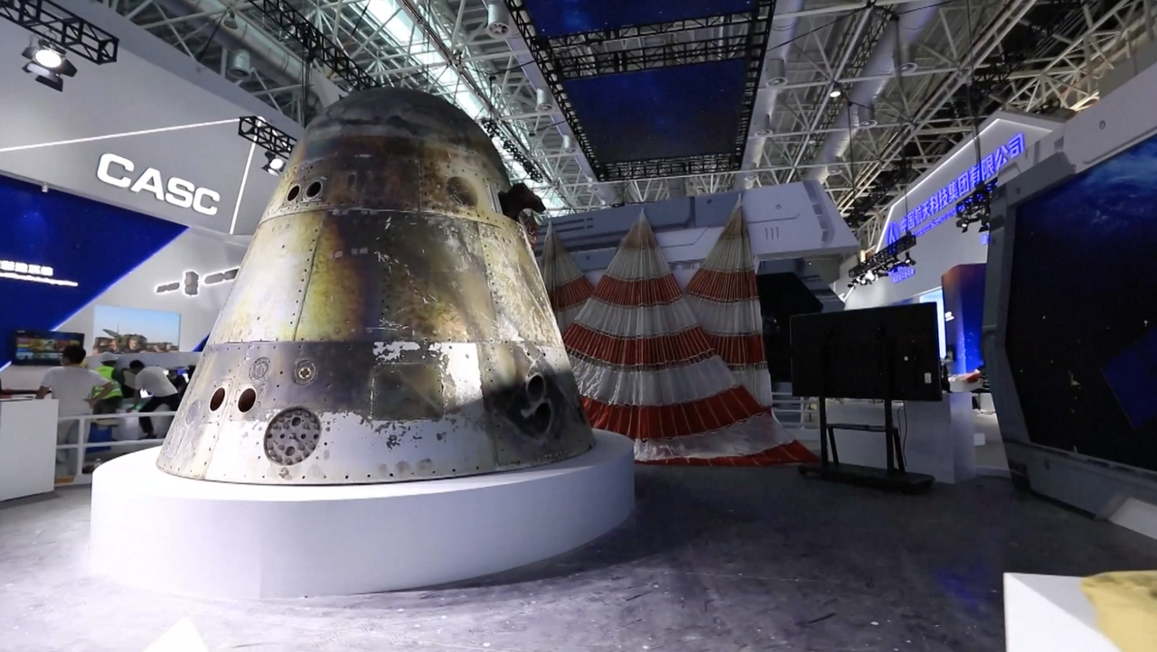 China's next-generation spacecraft, which flew once to space in May 2020, is seen on display for the first time at the Airshow China 2021 in Zhuhai City in the Guangdong province on Oct. 1, 2021.