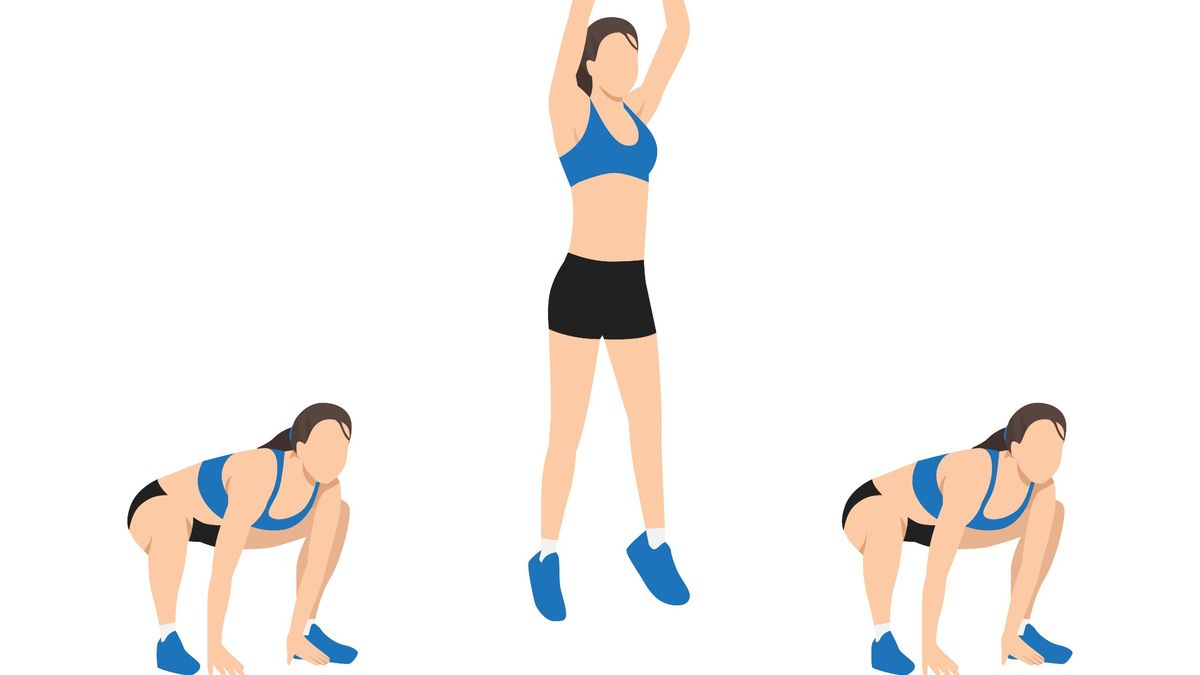 Image of person performing a gorilla burpee by jumping feet forward and jumping into the air