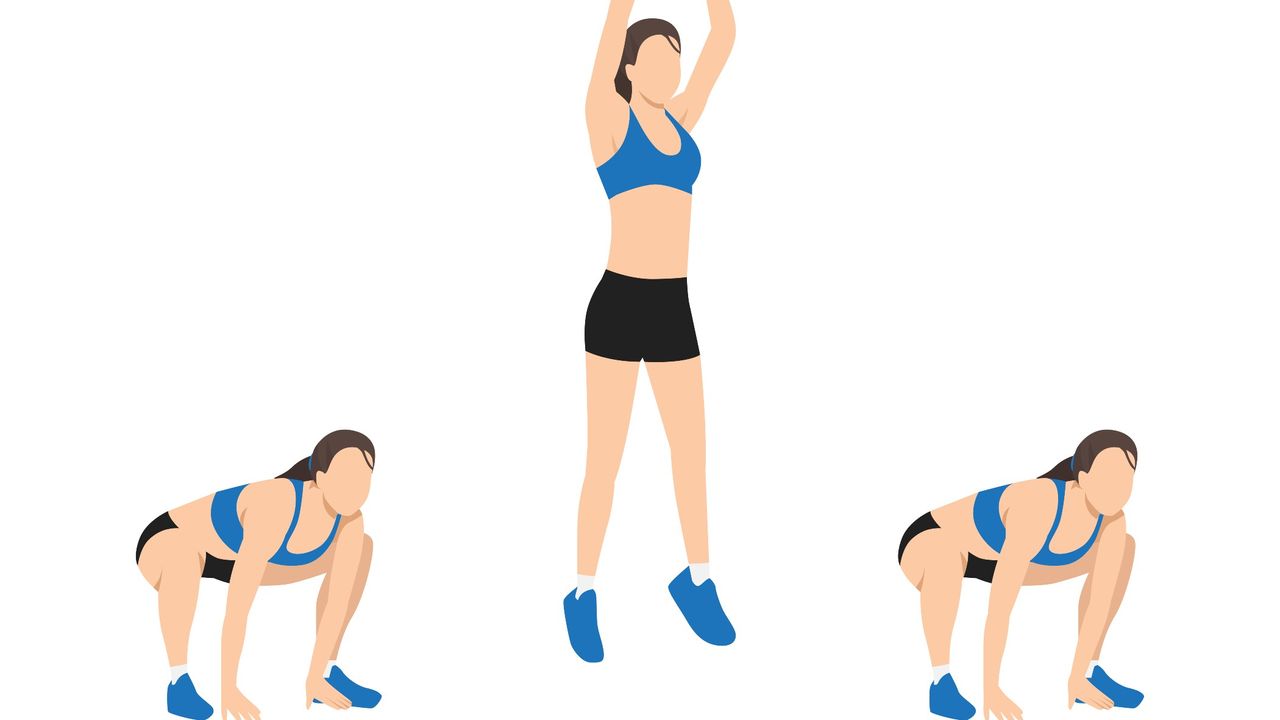 Image of person performing a gorilla burpee by jumping feet forward and jumping into the air