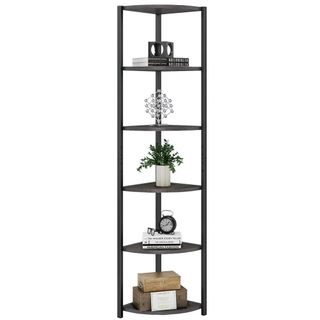 A black corner bookshelf has 5 shelves with plants and decorations on it