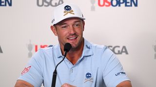 Bryson DeChambeau talks to the media before the US Open