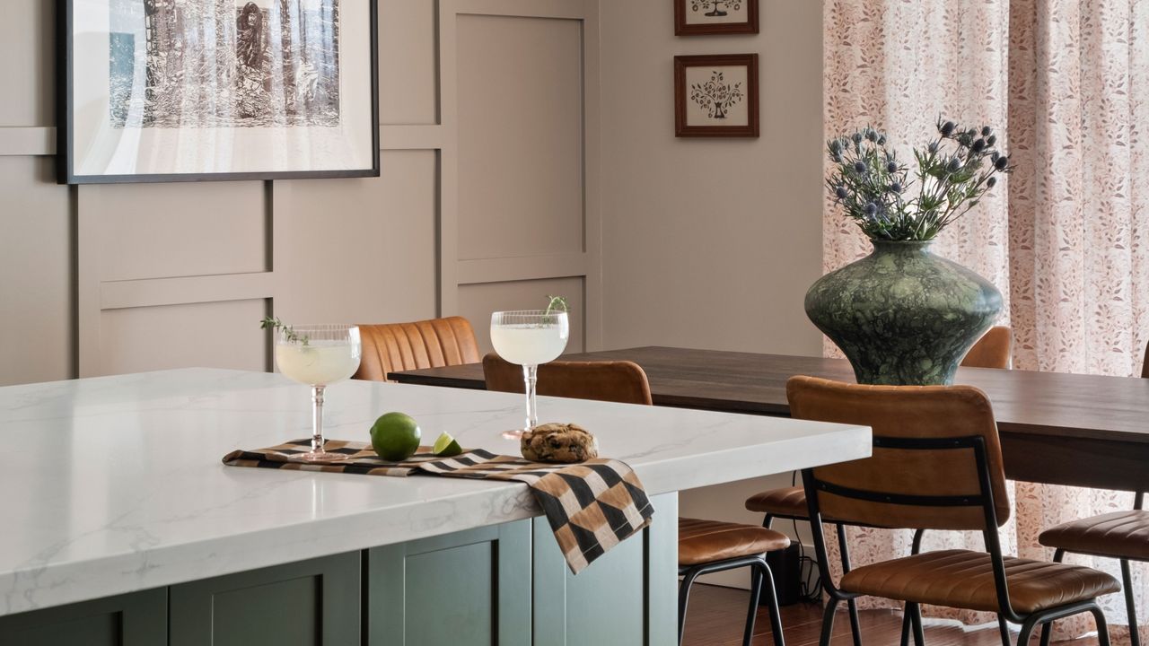 cocktail glasses on a kitchen countertop