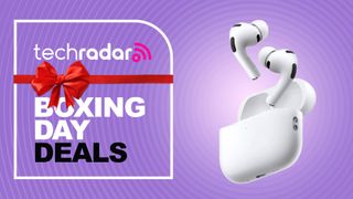 Apple AirPods Pro 3 on a purple background with 'Boxing Day deals' text overlay.