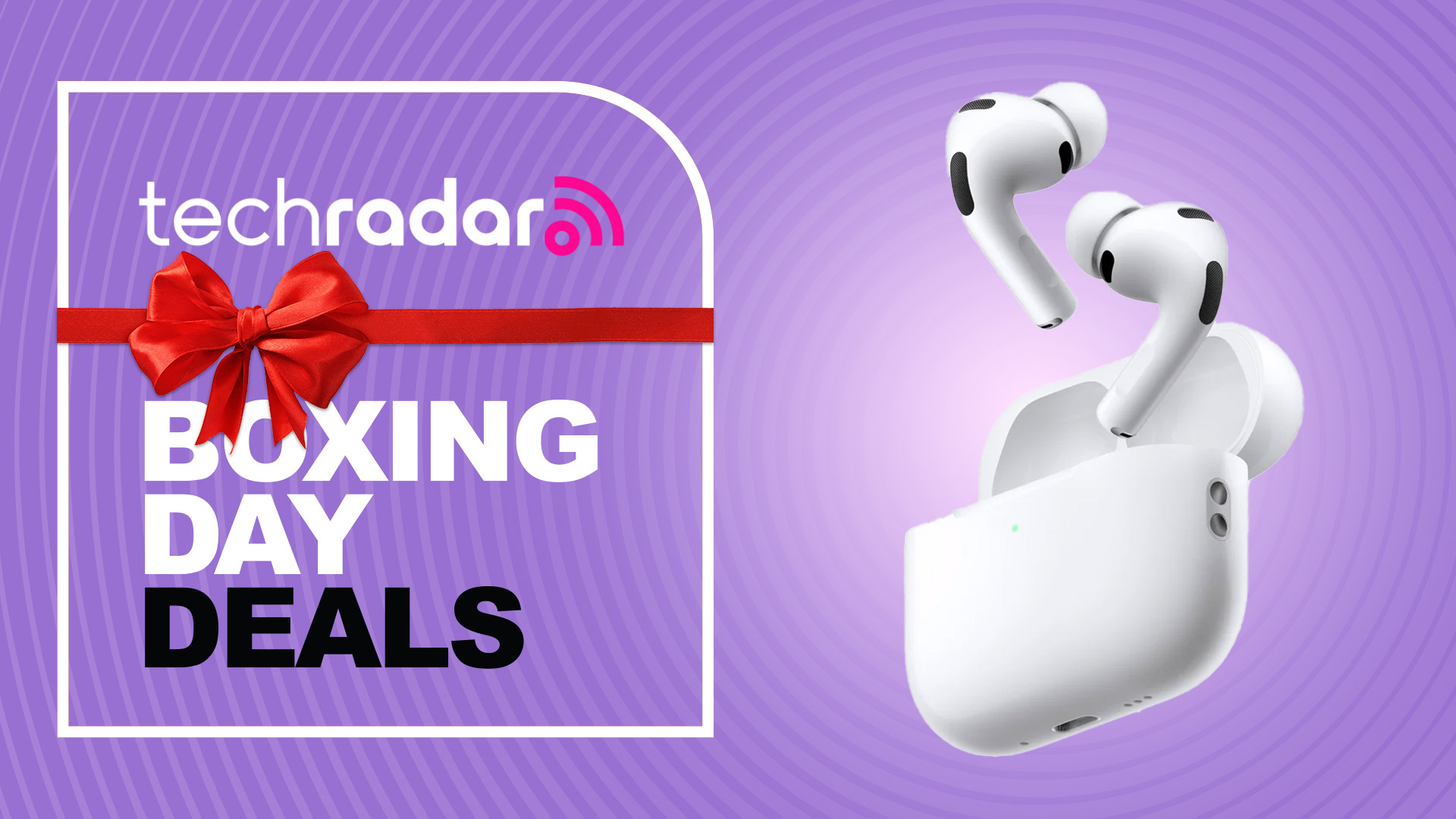 Apple AirPods Pro 3 on a purple background with 'Boxing Day deals' text overlay.