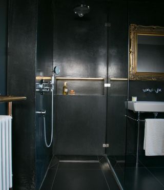 bathroom with black wall mirror and hand shower