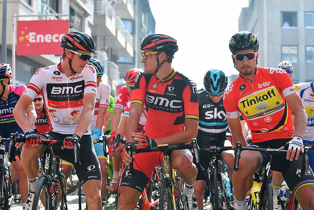 Race leader Rohan Dennis (BMC), Olympic gold medallist Greg Van Avermaet (BMC) and world champion Peter Sagan (Tinkoff)