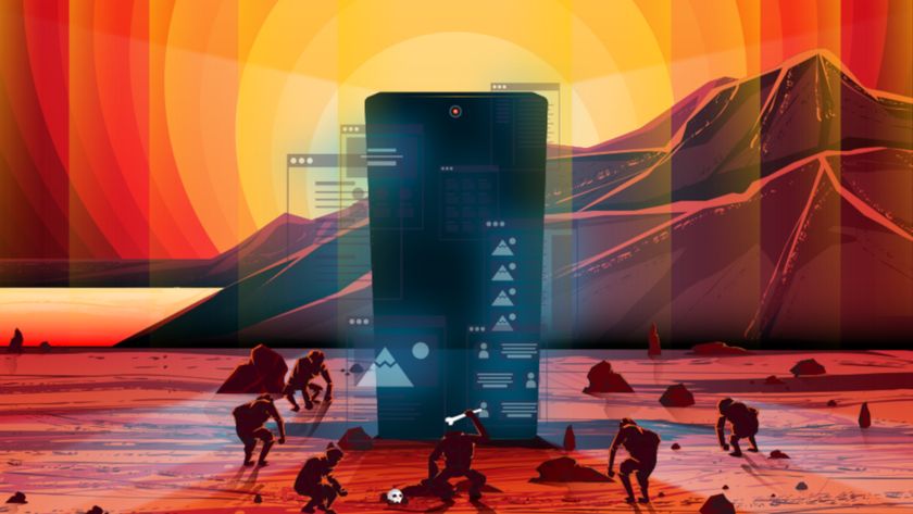 Mobile design: Apes gather in front of a Monolithic black smartphone; it glows with various UI elements. In the background lies a mountain range lit by a rising sun that radiates out in concentric circles.