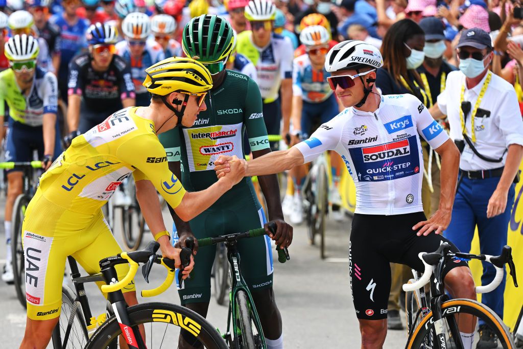 EMBRUN FRANCE JULY 19 LR Tadej Pogacar of Slovenia and UAE Team Emirates Yellow Leader Jersey Biniam Girmay of Eritrea and Team Intermarche Wanty Green Sprint Jersey and Remco Evenepoel of Belgium and Team Soudal QuickStep White Best Young Rider Jersey prior to the 111th Tour de France 2024 Stage 19 a 1446km stage from Embrun to Isola 2000 2022m UCIWT on July 19 2024 in Embrun France Photo by Tim de WaeleGetty Images