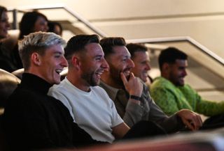 Newcastle Players seen L-R Anthony Gordon, Paul Dummett, Mark Gillespie, Matt Ritchie and Bruno Guimaraes laugh as they attend The Amazon 'We Are Newcastle United' Premiere at Tyneside Theatre on August 03, 2023 in Newcastle upon Tyne, England.