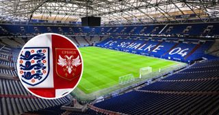 hoto taken on April 26, 2024 shows an interior view of the Veltins Arena in Gelsenkirchen, western Germany. The UEFA EURO 2024 will take place from June 14 to July 14 in ten stadiums in Germany including the Veltins Arena in Gelsenkirchen with an inset image of the England and Serbia badges