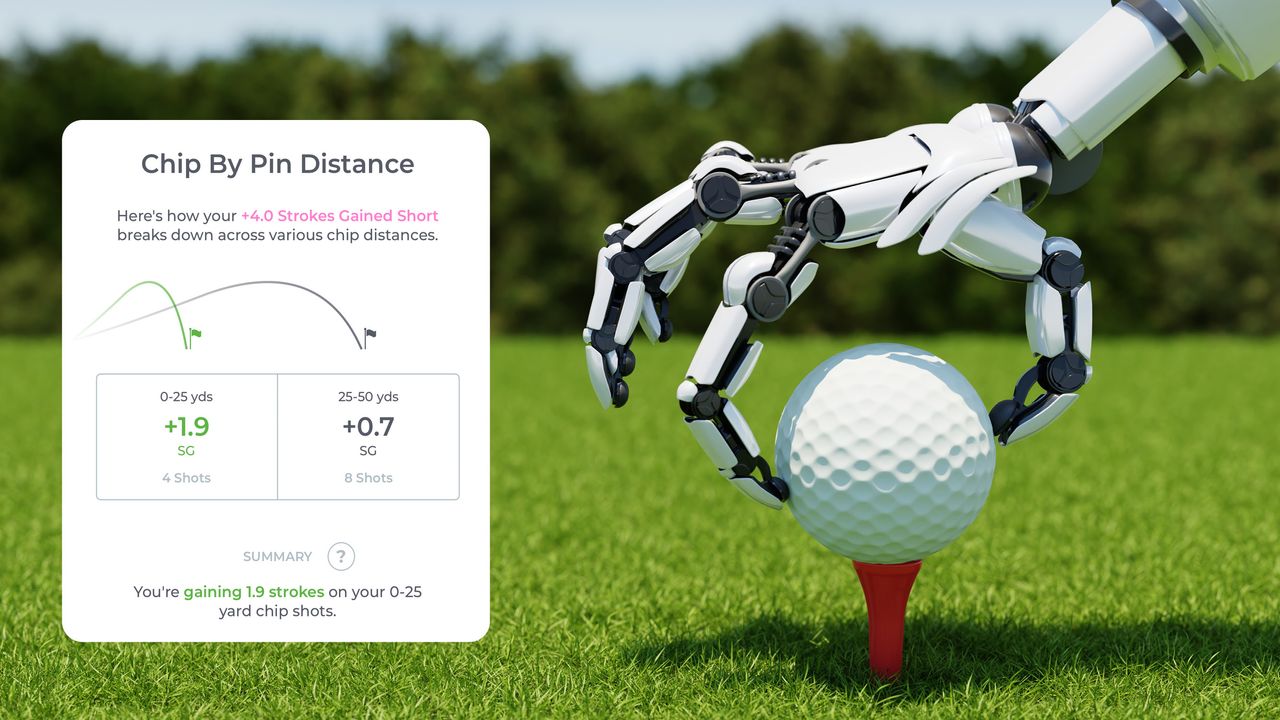 Image of a robot arm placing a golf ball onto a tee, with an inset image of Arccos performance data based on a round of golf