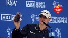 Charley Hull shows a video of her caddie being pranked during her AIG Women's Open press conference