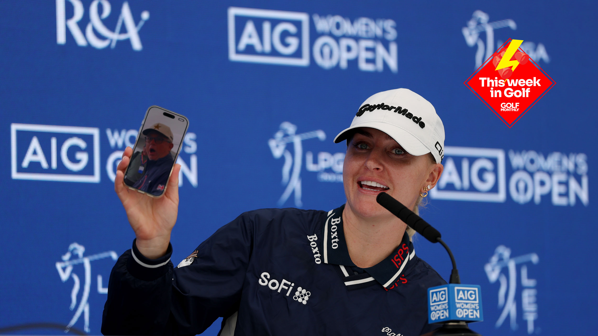 Charley Hull shows a video of her caddie being pranked during her AIG Women's Open press conference