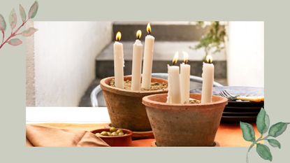 Terracotta plant plots with citronella candles to support a guide on how to get rid of mosquitoes