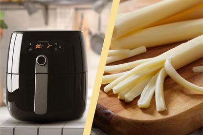 A collage of an air fryer and a cheese string