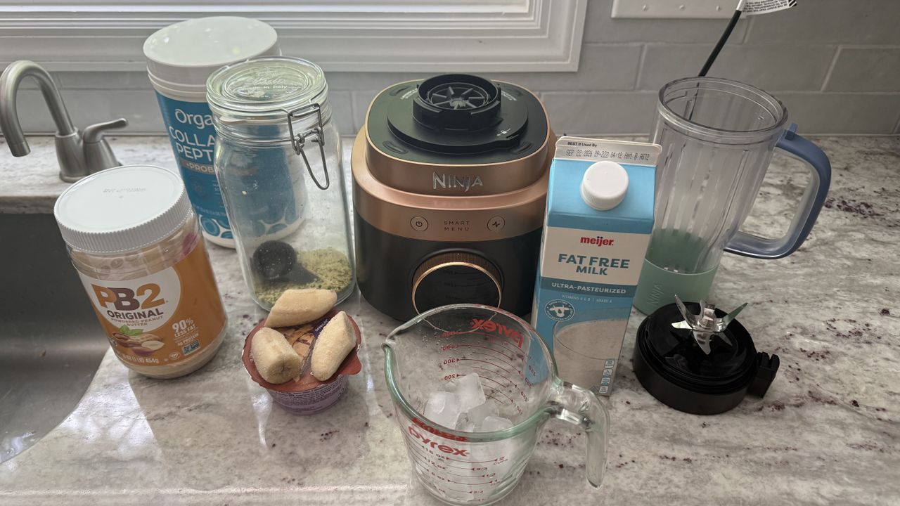 Ninja CrushBOSS making banana peanut butter smoothie