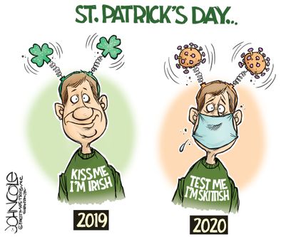 Editorial Cartoon U.S. St. Patrick’s Day Coronavirus testing skittish celebration