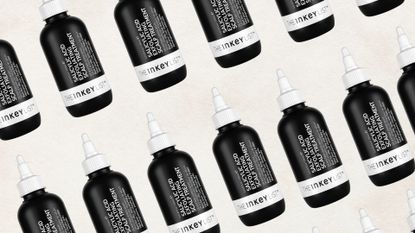 Repeating collage of The Inkey List's Salicylic Acid Scalp Treatment on a beige background