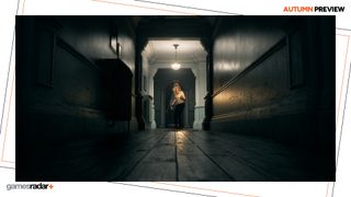 Resident Evil 9 screenshot showing Grace moving through a dark corridor with a lighter in hand