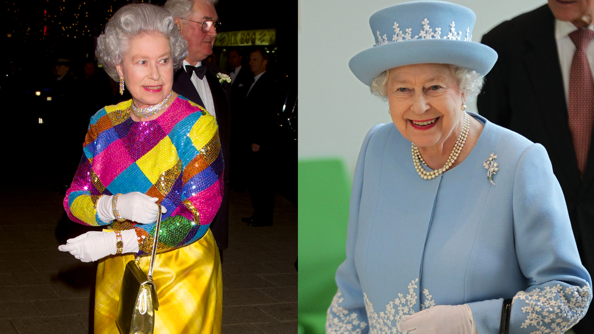 Queen Elizabeth wearing a colorful sequined gown and smiling; Queen Elizabeth wearing a pale blue coat and matching hat and pearls